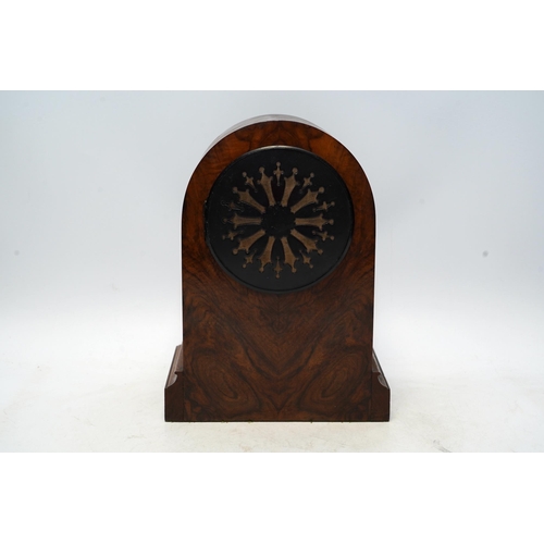 1424 - An Edwardian mantel clock with Arabic dial and applied plaque, 25cm high. Condition - fair to good, ... 