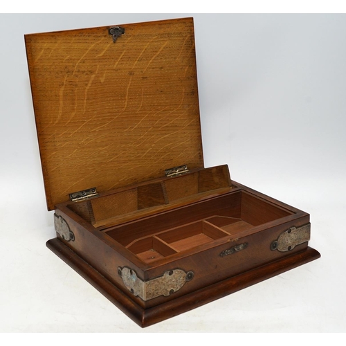 1428 - An Edwardian electroplate mounted oak 'Bridge' box, 26 x 23 x 7cm. Condition - good