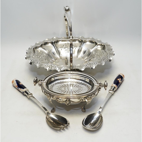 1435 - A silver plated breakfast butter dish, an EPNS basket and a pair of salad servers. Condition - good... 