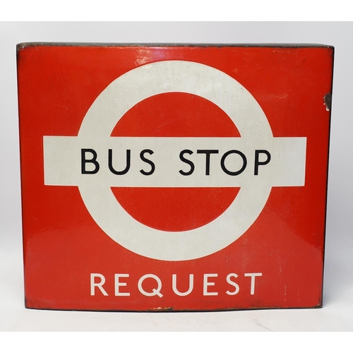 1441 - A London Transport double sided enamel Bus Stop Request sign, serial number on applied panel to base... 