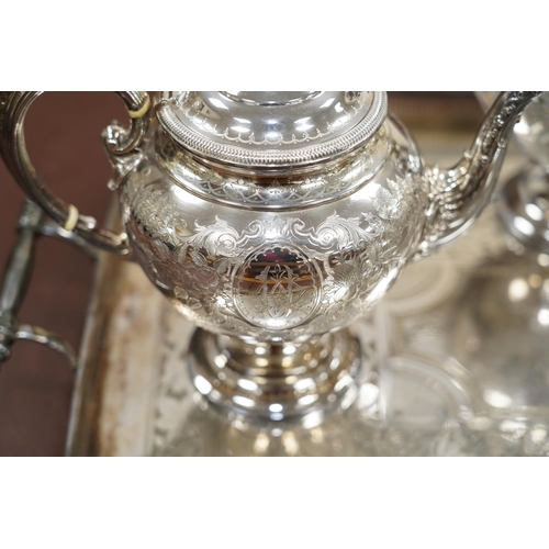 1446 - A Victorian four piece plated teaset and a tray. CITES Submission reference 6R2FT6J1. Condition - go... 