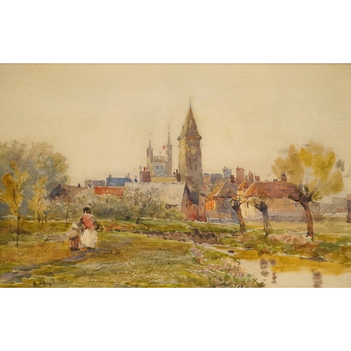 1693 - Claude Hayes (1852-1922), two watercolours, Town scene with church and Harbour scene, each signed, l... 