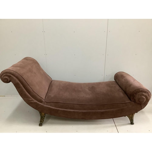 100 - A 19th century moleskin covered scroll end chaise longue, width 200cm, depth 86cm, height 90cm. Cond... 