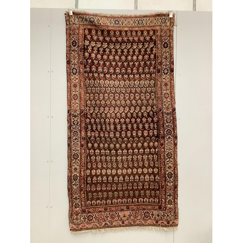 101 - A Caucasian rug, woven with rows of botehs on a burgundy ground, 202 x 104cm. Condition - fair... 