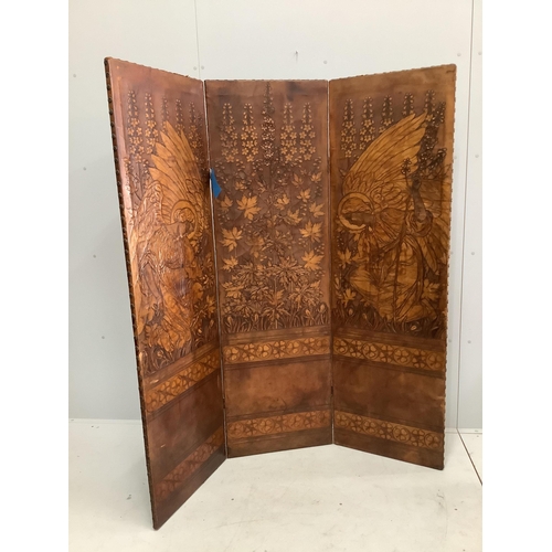 106 - An embossed leather three fold dressing screen, each panel width 50cm, height 166cm.  Condition - fa... 