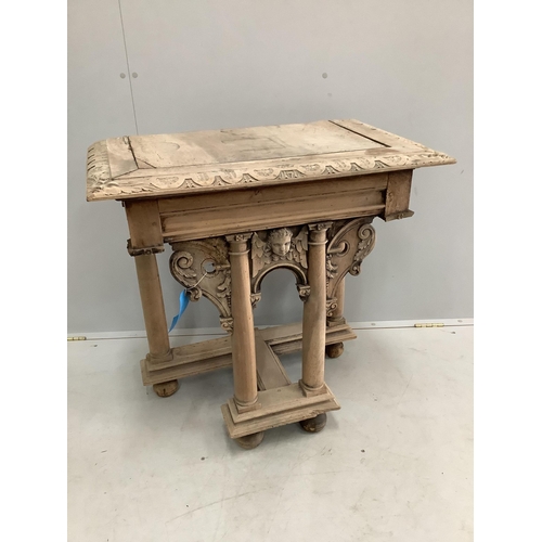 108 - A 19th century limed pine table end, on a carved and turned underframe, width 77cm, depth 46cm, heig... 