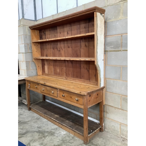 110 - A Victorian pine Welsh dresser with boarded rack and three drawers, width 190cm, depth 49cm, height ... 
