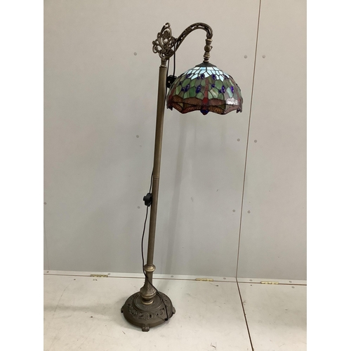 112 - A reproduction Tiffany style standard lamp with dragonfly shade, height 144cm. Condition - good... 