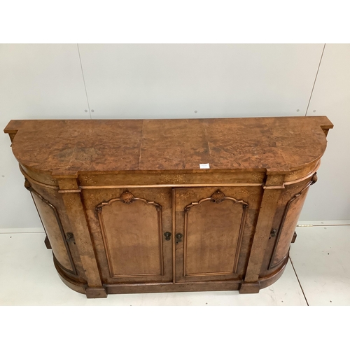 121 - A Victorian inlaid burr walnut credenza, width 165cm, depth 45cm, height 91cm. Condition - fair... 