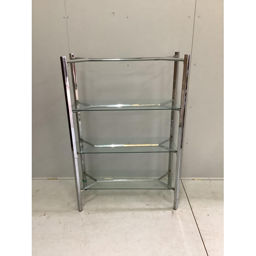 19 - A contemporary chrome and glass three tier shelf unit, width 99cm, depth 38cm, height 147cm. Conditi... 