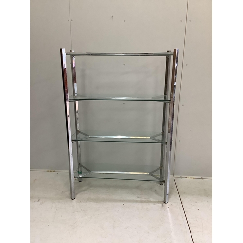 19 - A contemporary chrome and glass three tier shelf unit, width 99cm, depth 38cm, height 147cm. Conditi... 