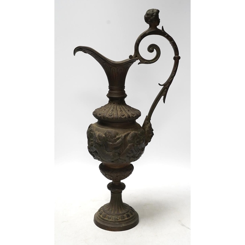 322 - A Cellini style bronze ewer, possibly converted to a lamp later, decorated with putti panel and head... 