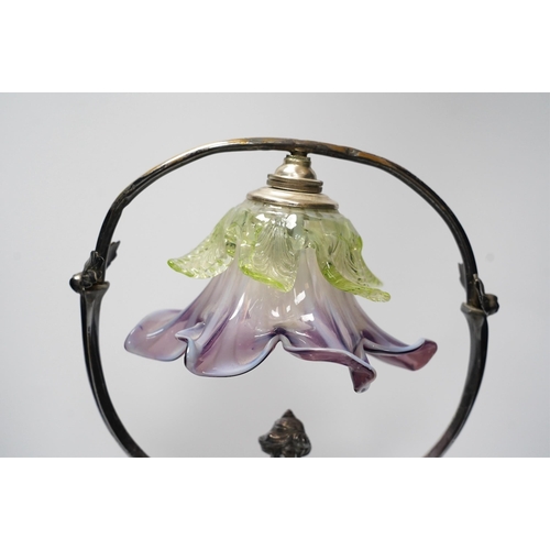 323 - An Art Nouveau WMF pewter and glass flower shade lamp, 39cm high. Condition - split to base on one l... 