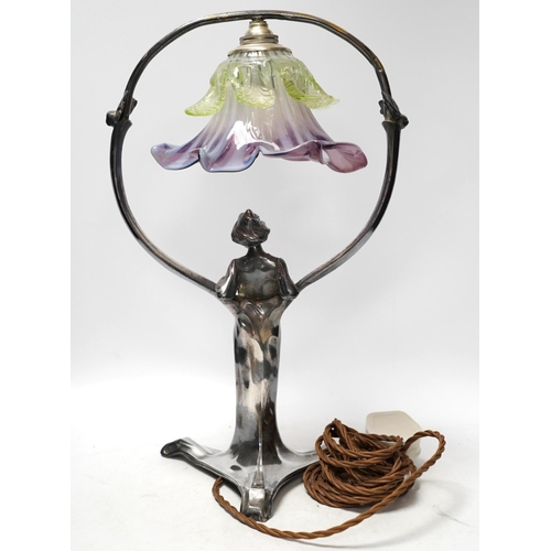 323 - An Art Nouveau WMF pewter and glass flower shade lamp, 39cm high. Condition - split to base on one l... 