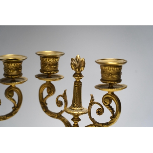 327 - A pair of late 19th century alabaster and gilt metal two light candelabra, 22cm. Condition - good... 