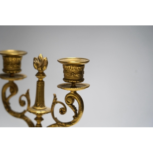 327 - A pair of late 19th century alabaster and gilt metal two light candelabra, 22cm. Condition - good... 