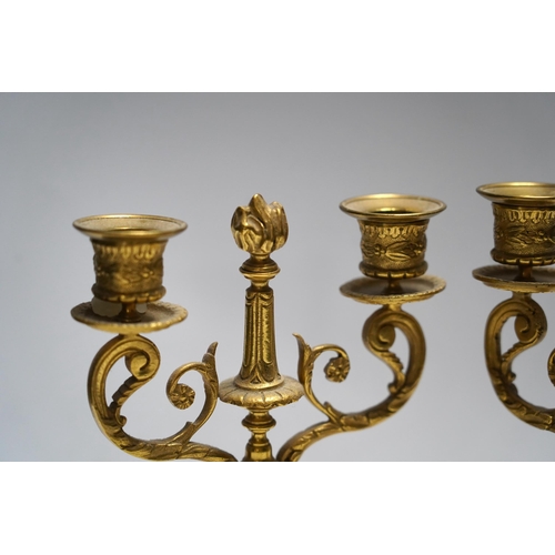 327 - A pair of late 19th century alabaster and gilt metal two light candelabra, 22cm. Condition - good... 