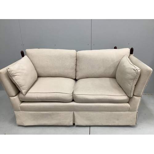 34 - A small Contemporary Knowle settee upholstered in a natural linen fabric, width 170cm, depth  84cm, ... 