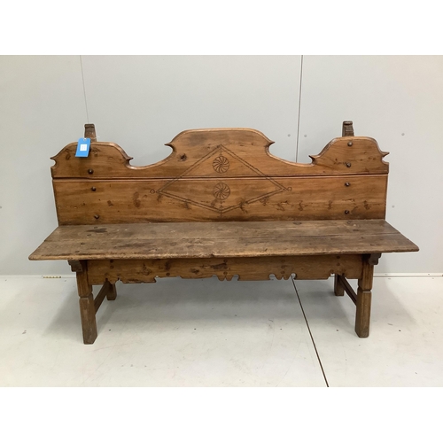 35 - An 18th / early 19th century Provincial Spanish pine bench, width 174cm, depth 42cm, height 97cm. Co... 
