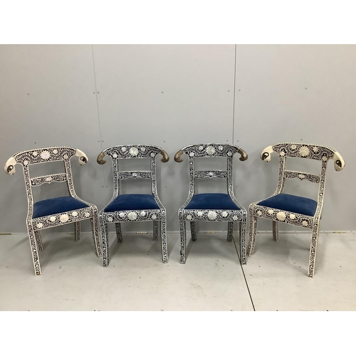 44 - Two pairs of Indian bone, or mother of pearl overlaid dining chairs, width 62cm, depth 44cm, height ... 