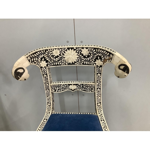 44 - Two pairs of Indian bone, or mother of pearl overlaid dining chairs, width 62cm, depth 44cm, height ... 