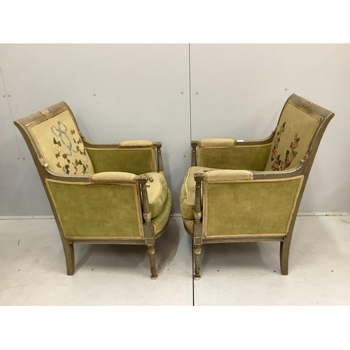 50 - A pair of 19th century French chairs, width 60cm, depth 60cm, height 88cm. Condition - fair