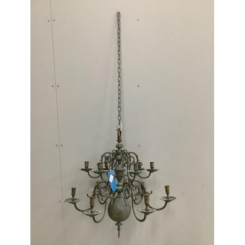 52 - A Dutch twelve branch brass hanging candle holder, height 62cm. Condition - fair