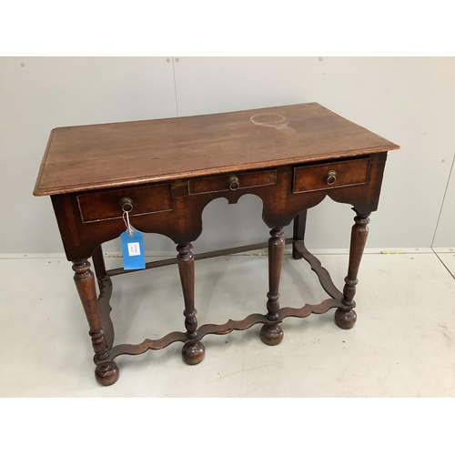 55 - An 18th century and later oak side table, converted from a stand, width 102cm, depth 56cm, height 74... 