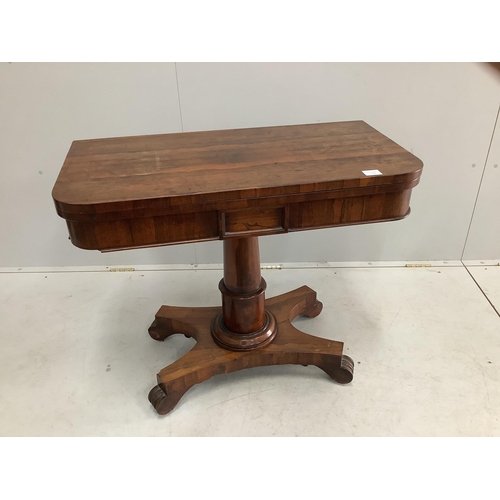 65 - An early Victorian rectangular rosewood folding card table, width 90cm, depth 44cm, height 75cm. Con... 