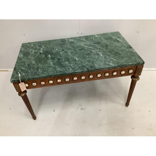 7 - A Louis XVI style rectangular gilt metal and porcelain mounted marble top mahogany coffee table, wid... 