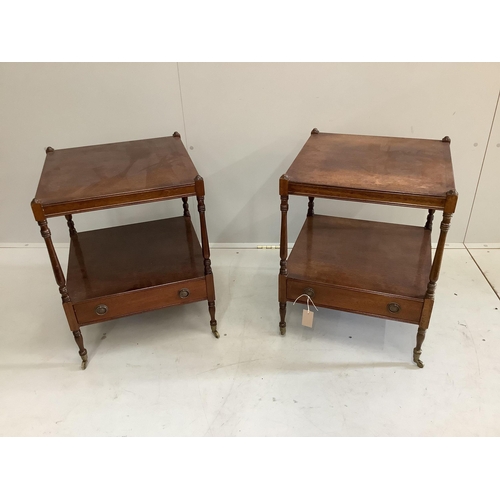 70 - A pair of reproduction mahogany two tier occasional tables, width 45cm, depth 45cm, height 60cm. Con... 