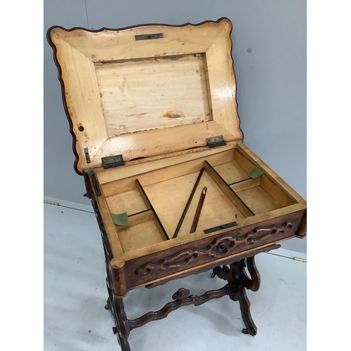 76 - A 19th century French burr walnut work table, width 54cm, depth 39cm, height 72cm.  Condition - fair... 