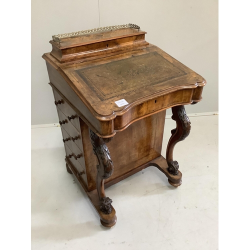 78 - A Victorian walnut and marquetry inlaid Davenport, width 53cm, depth 53cm, height 82cm.  Condition -... 