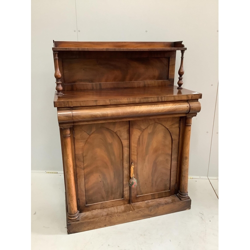79 - An early Victorian mahogany chiffonier, width 91cm, depth 43cm, height 124cm. Condition - fair... 