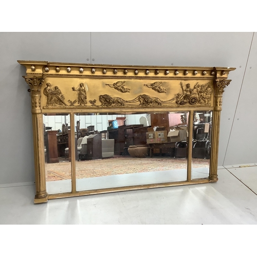 80 - A Regency giltwood and composition triple plate overmantel mirror, width 148cm, height 90cm. Conditi... 