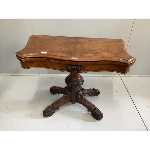 81 - A Victorian burr walnut folding card table, width 92cm, depth 46cm, height 71cm. Condition - poor... 