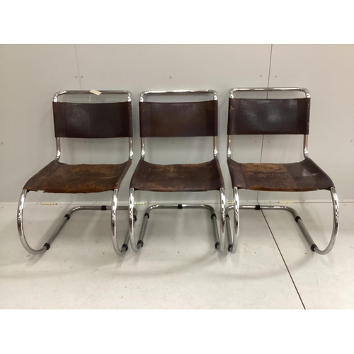 86 - Mies Van Der Rohe for Thonet, a set of six mid century MR10 cantilever chairs with tan leather pads,... 