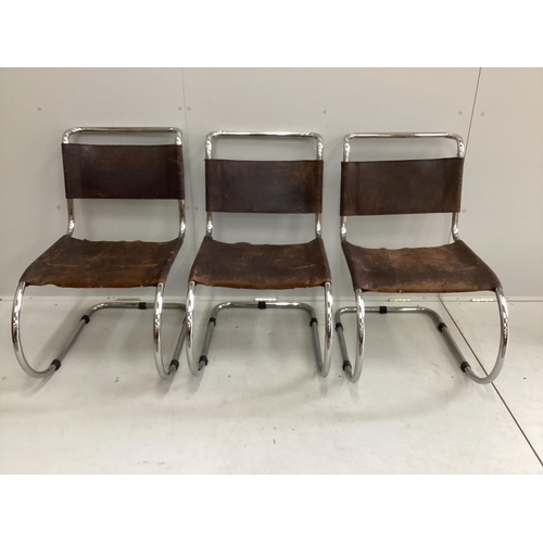 86 - Mies Van Der Rohe for Thonet, a set of six mid century MR10 cantilever chairs with tan leather pads,... 