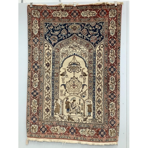 91 - An unusual Isphahan pictorial prayer rug, woven with figures and animals, 195 x 140cm.  Condition - ... 