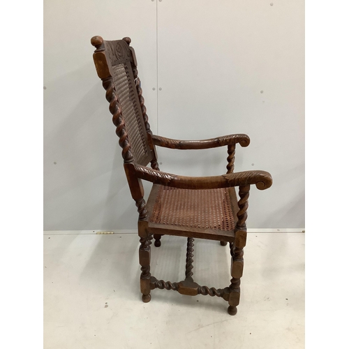 93 - A William and Mary walnut and caned seat and back armchair, with a pierced scrolling crest rail and ... 