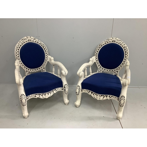 94 - A pair of Indian bone veneered armchairs, width 67cm, depth 56cm, height 93cm. Condition - fair... 