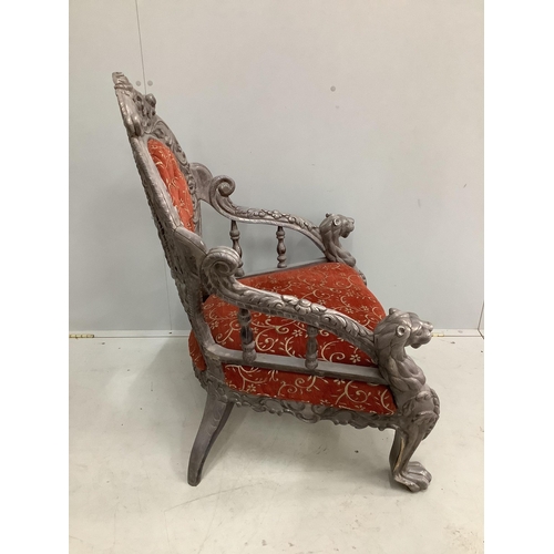 96 - An Indian white metal overlaid armchair, width 72cm, depth 55cm, height 98cm. Condition - good... 