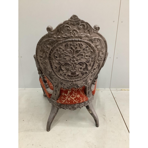 96 - An Indian white metal overlaid armchair, width 72cm, depth 55cm, height 98cm. Condition - good... 