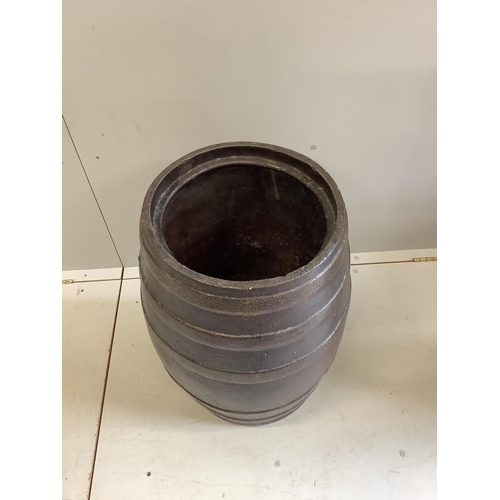 1001 - A Victorian salt glazed earthenware barrel with associated wood cover, diameter 40cm, height 73cm. C... 