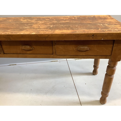 1013 - A Victorian rectangular pine kitchen table, width 197cm, depth 63cm, height 73cm. Condition - fair... 