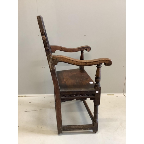 1029 - A 17th century oak wainscot type chair, width 61cm, depth 49cm, height 110cm. Condition - fair... 