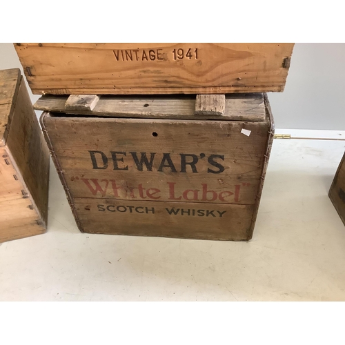 1033 - Seven vintage port, whisky and fruit crates, largest width 43cm, height 27cm. Condition - poor... 