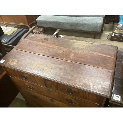 1034 - An 18th century oak and walnut chest, width 99cm, depth 54cm, height 102cm. Condition - poor