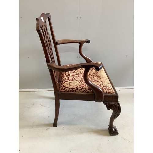 1056 - A George III Chippendale style mahogany elbow chair, width 66cm, depth 52cm, height 96cm. Condition ... 