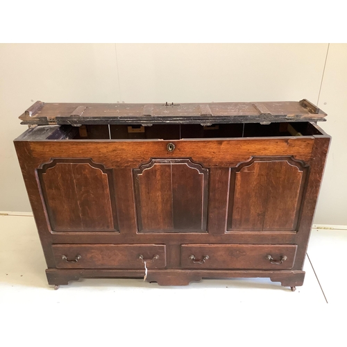 1087 - An 18th century panelled oak mule chest, adapted, width 152cm, depth 54cm, height 92cm. Condition - ... 